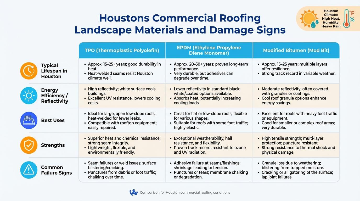 TPO vs EPDM vs Modified Bitumen comparison for Houston commercial roofs