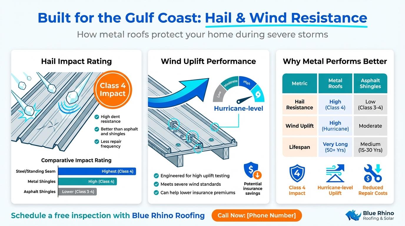 Metal roof hail and wind resistance infographic