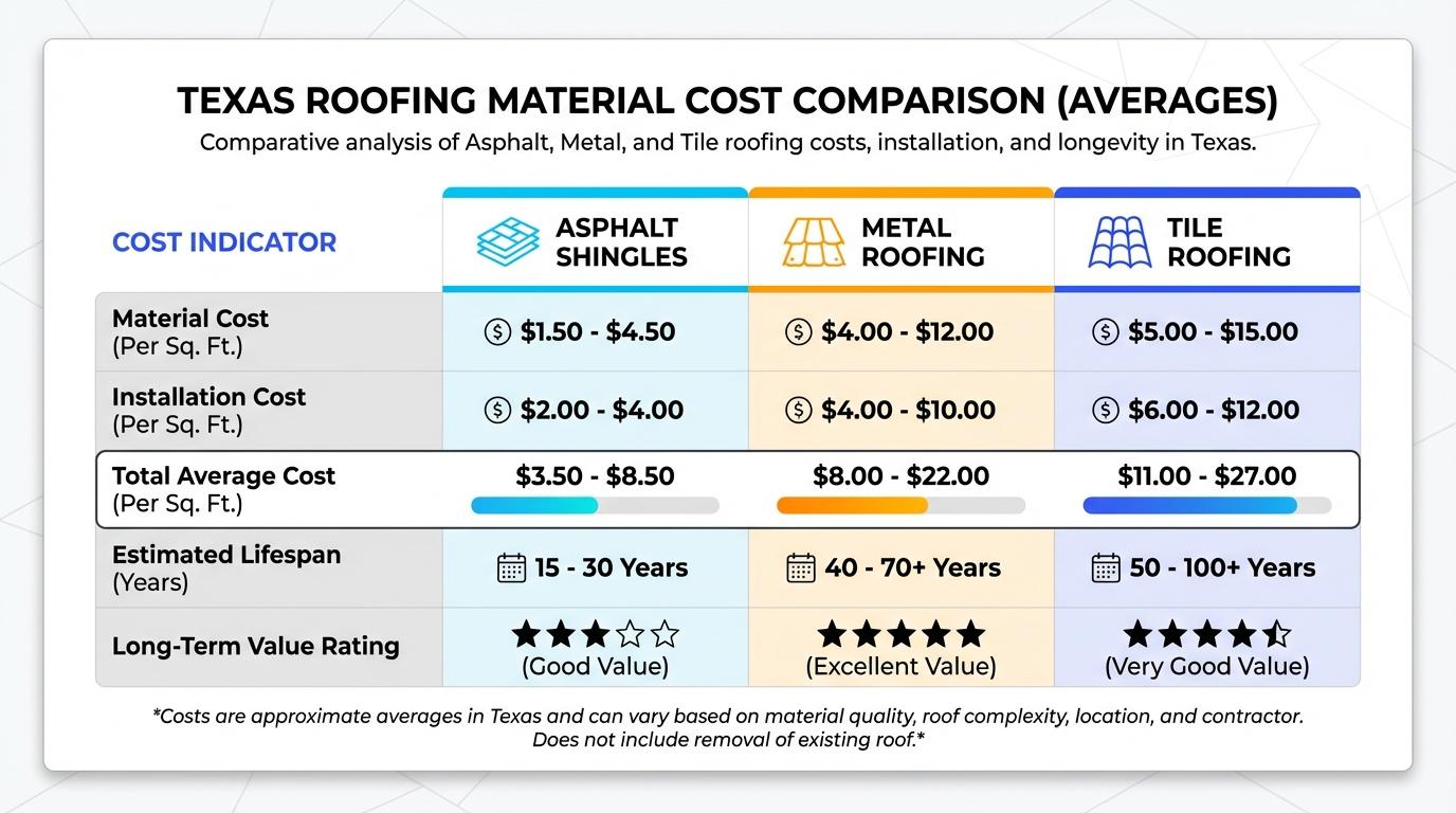 Roofing costs comparison table for Texas homeowners