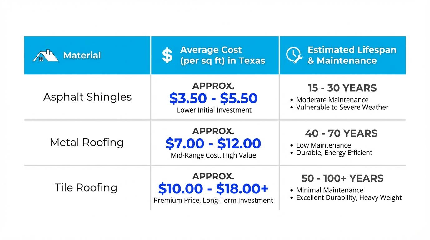 Texas roofing material cost comparison infographic