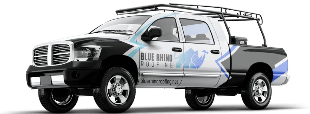 Blue Rhino Roofing branded truck on location